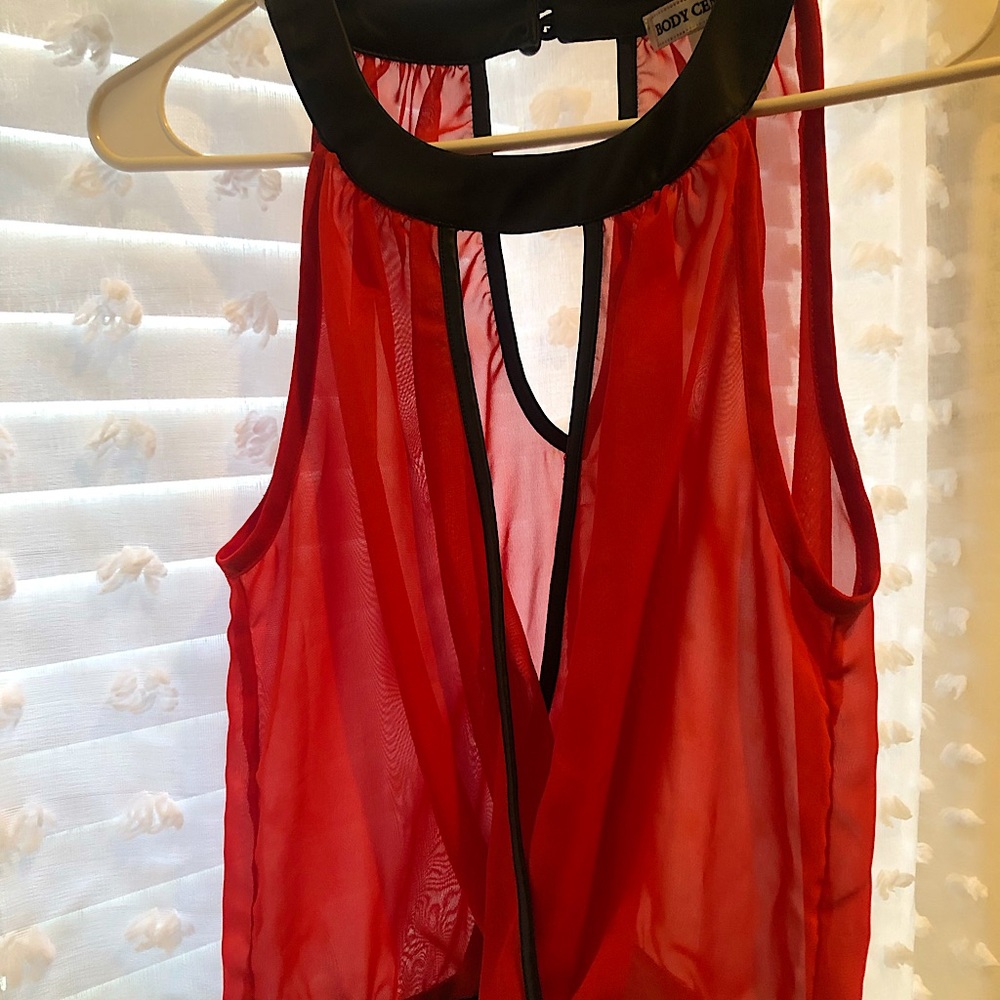 Body Central Top in Red/Black. Black Faux Leather Accents. Size S